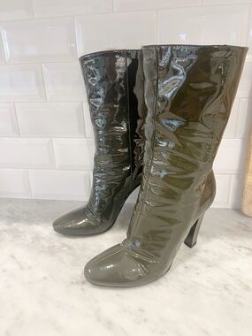 Jimmy Choo Helena Patent Mid-Calf Heeled Boots (Gray, 38.5)